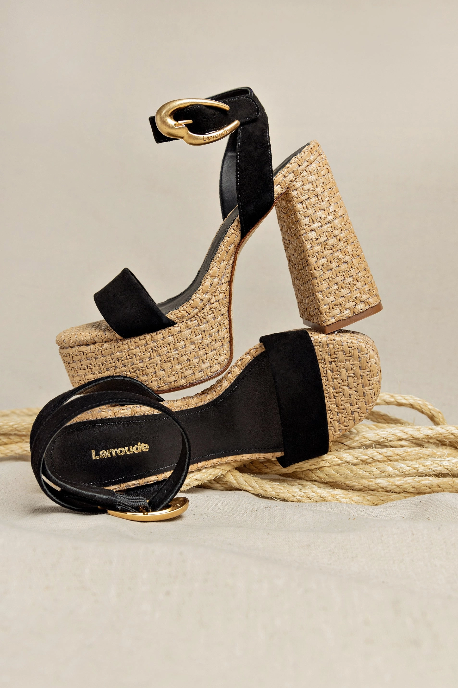Dolly Verona Sandal In Black Suede and Natural Raffia