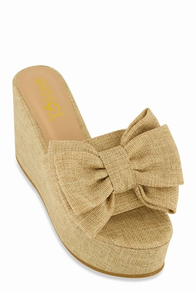 Double Bow Band Wedge Slide Sandals