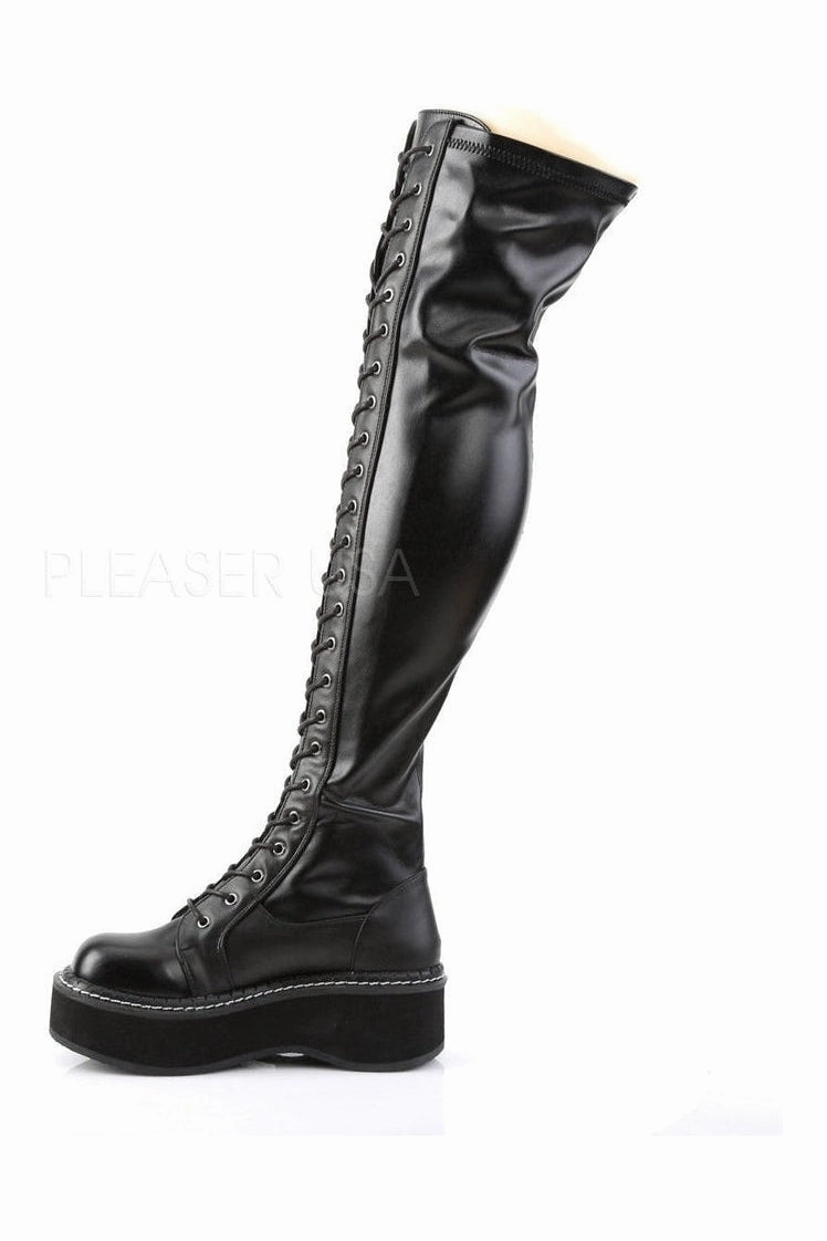 EMILY-375 Demonia Thigh Boot | Black Faux Leather