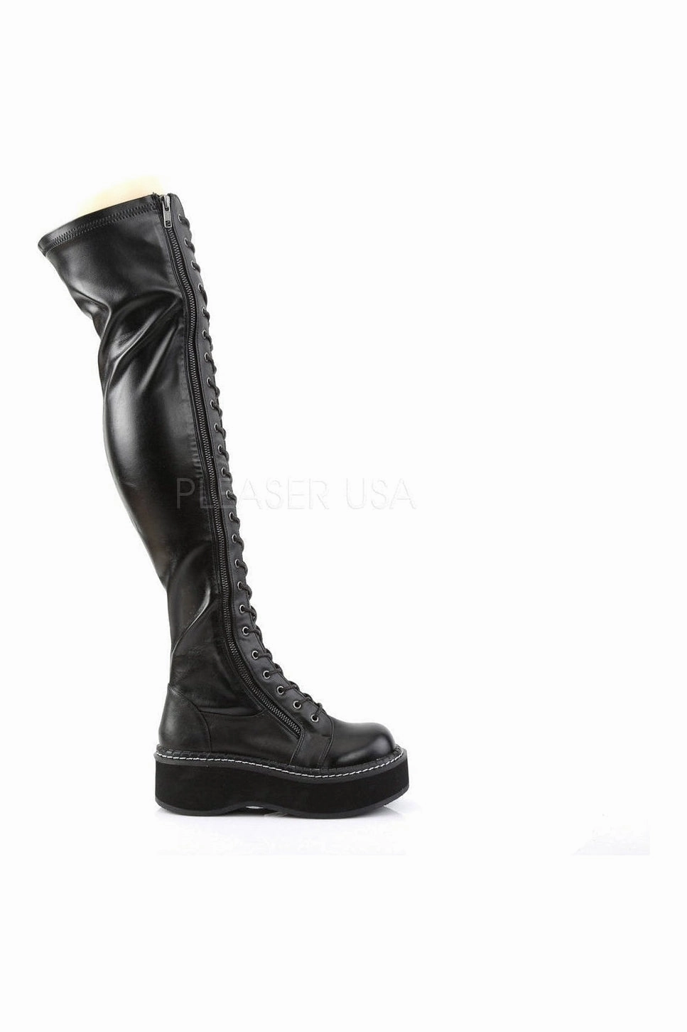 EMILY-375 Demonia Thigh Boot | Black Faux Leather
