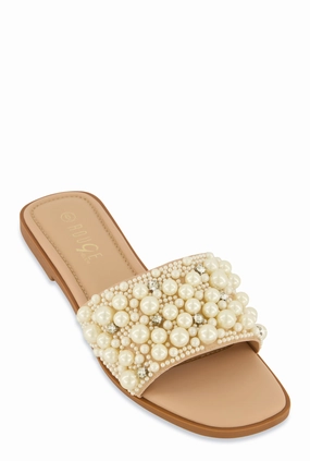 Faux Pearl Rhinestone Band Slide Sandals