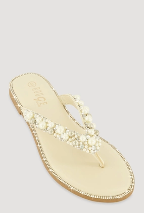Faux Pearl Rhinestone Thong Slide Sandals