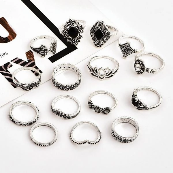 Hollow Lotus Gem Ring Set 15 Pcs/set