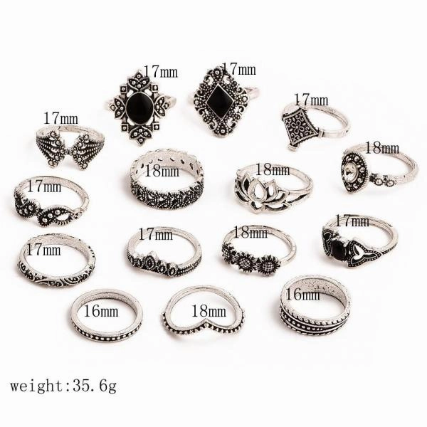 Hollow Lotus Gem Ring Set 15 Pcs/set