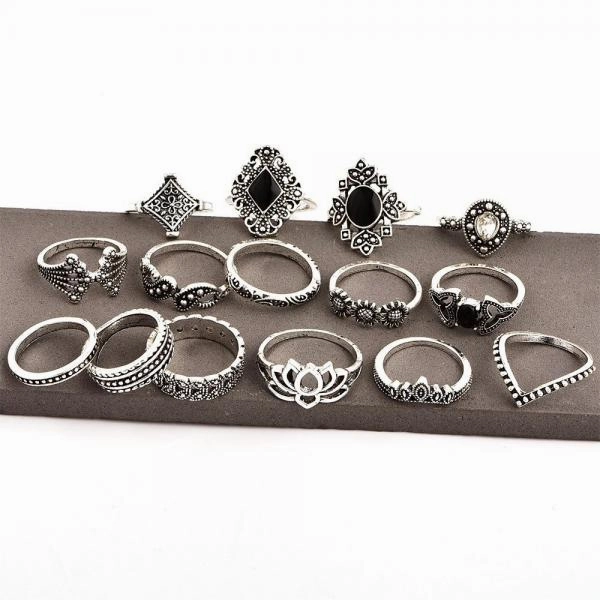 Hollow Lotus Gem Ring Set 15 Pcs/set
