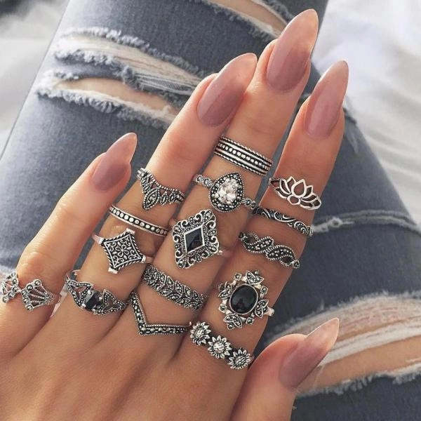 Hollow Lotus Gem Ring Set 15 Pcs/set