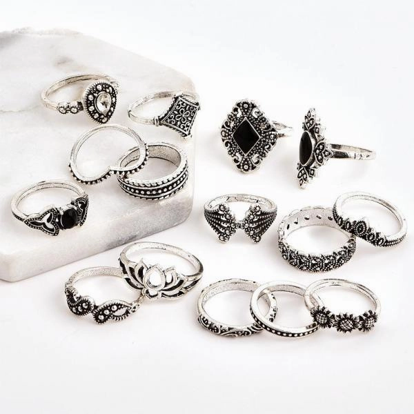Hollow Lotus Gem Ring Set 15 Pcs/set