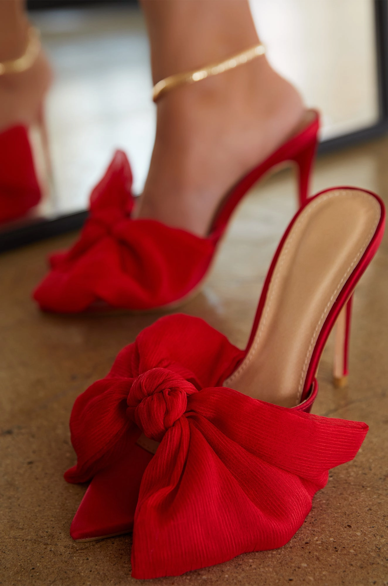 Karissa Bow Tie High Heel Mules - Red