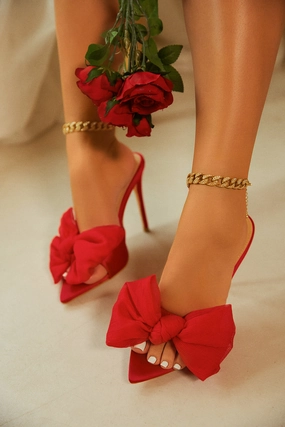 Karissa Bow Tie High Heel Mules - Red