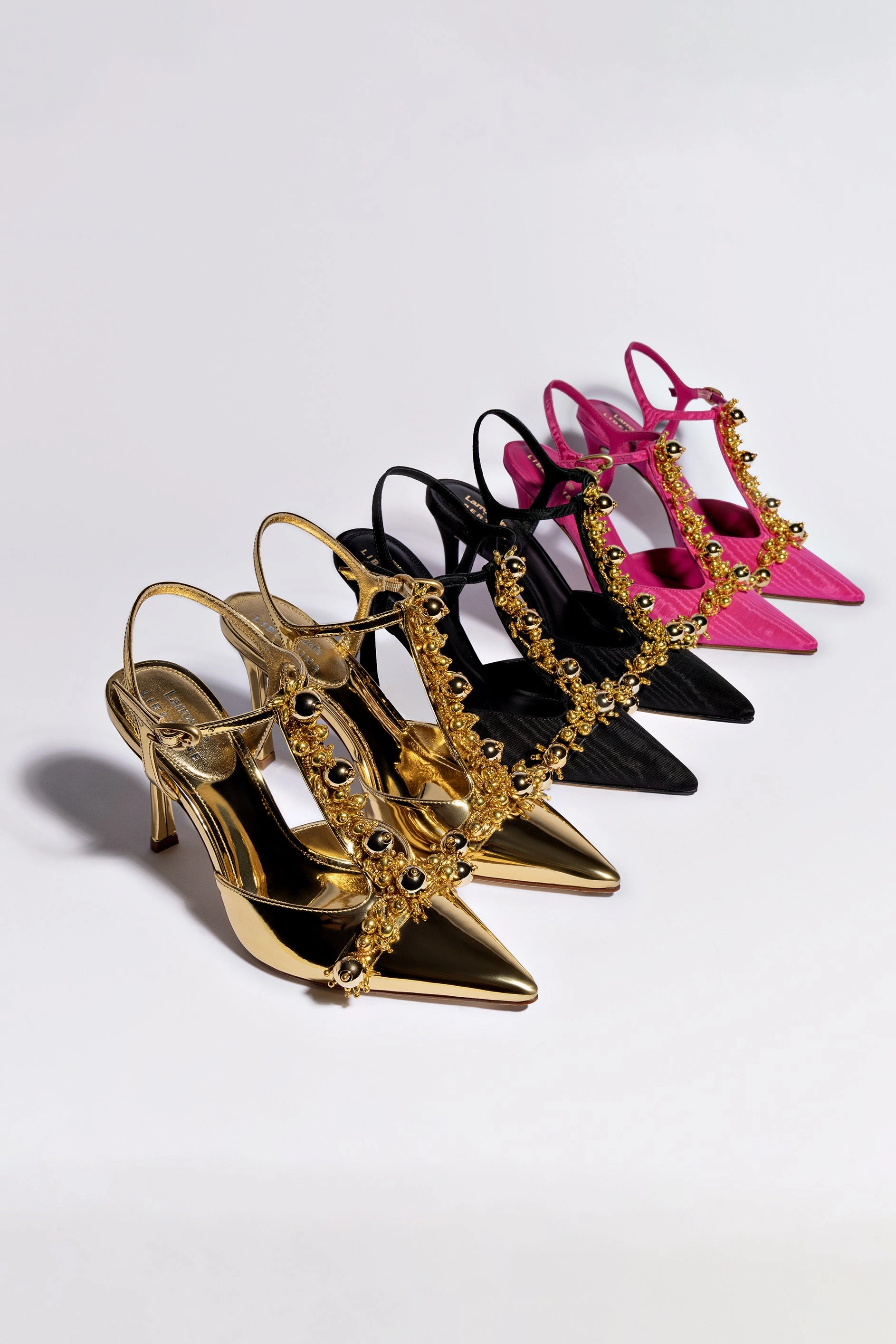 Larroudé x Libertine Pump In Black Fabric and Golden Balls