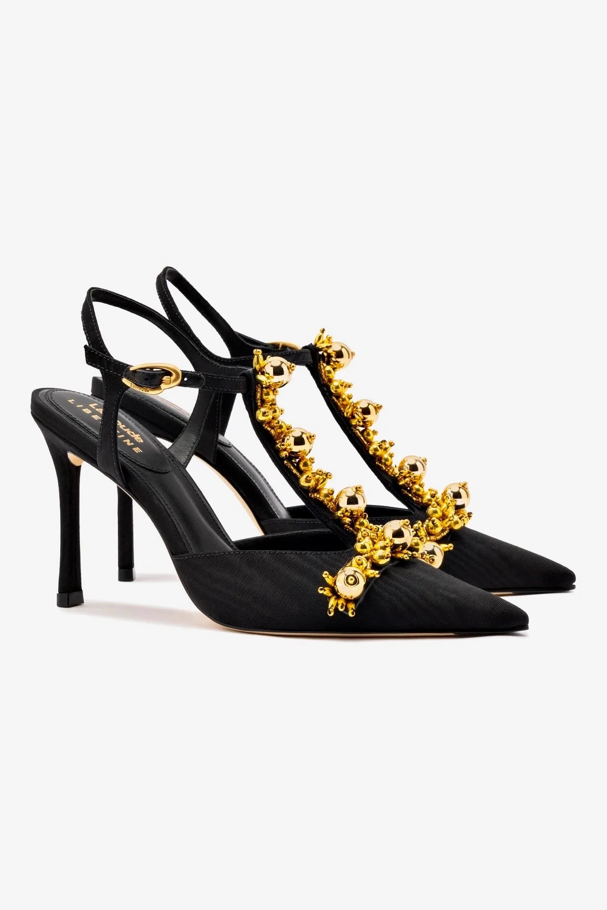 Larroudé x Libertine Pump In Black Fabric and Golden Balls