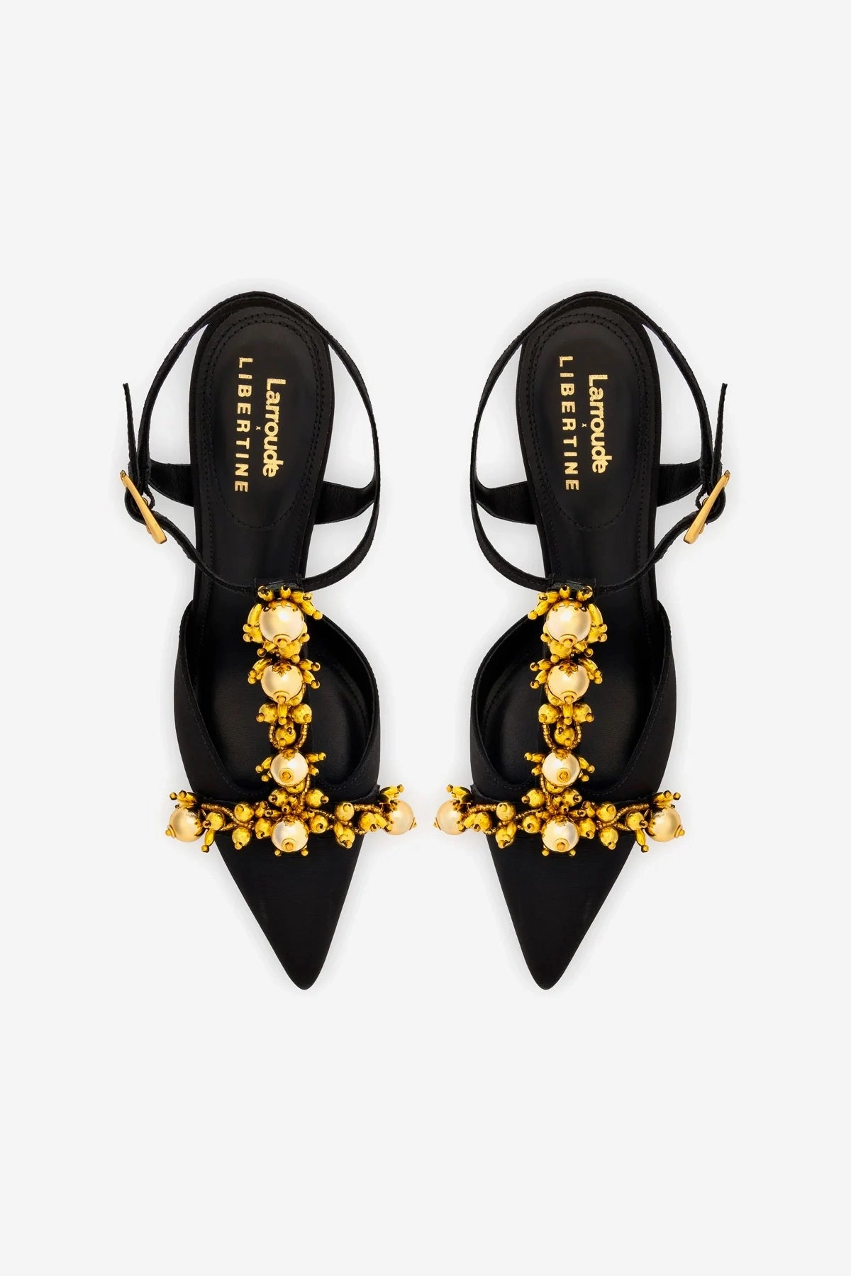Larroudé x Libertine Pump In Black Fabric and Golden Balls