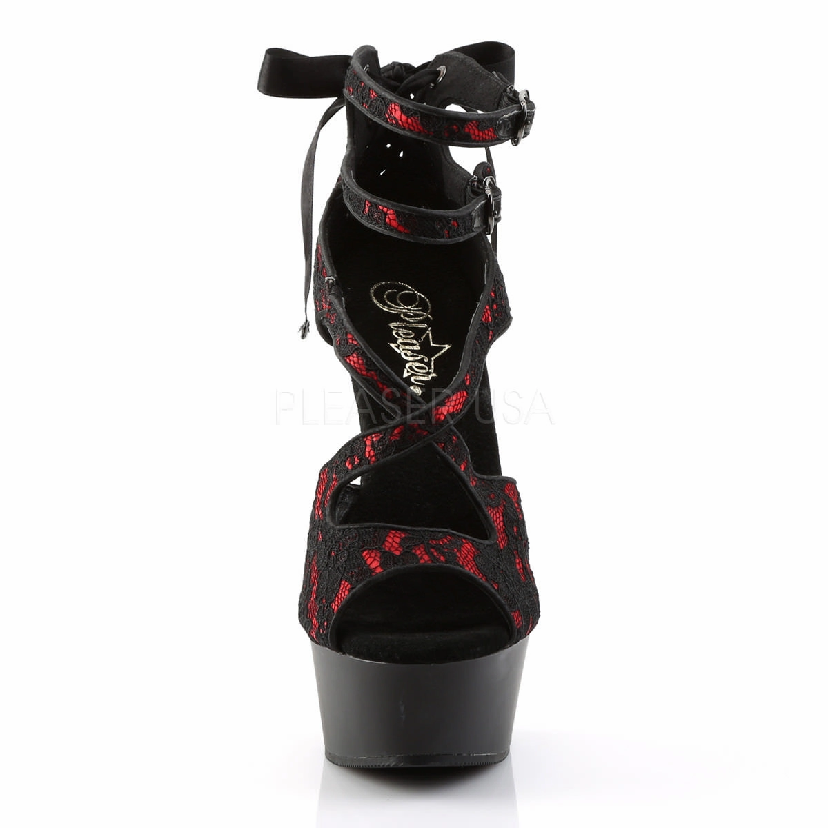 PLEASER DELIGHT-678LC Red Satin-Lace-Black Matte Ankle Strap Sandals