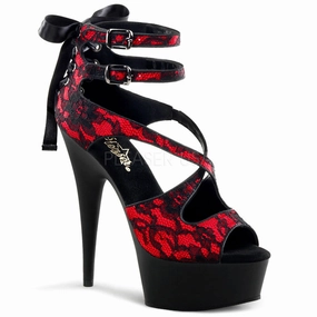 PLEASER DELIGHT-678LC Red Satin-Lace-Black Matte Ankle Strap Sandals