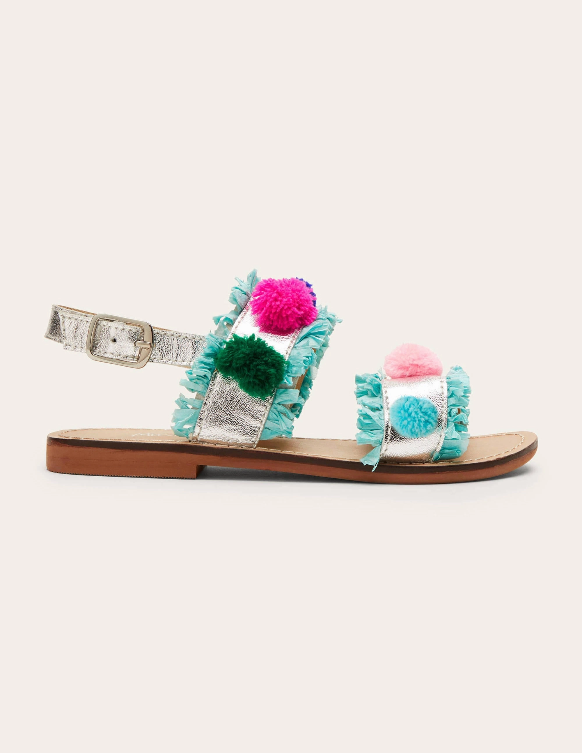Pom Pom Sandals-Metallic Rainbow Poms