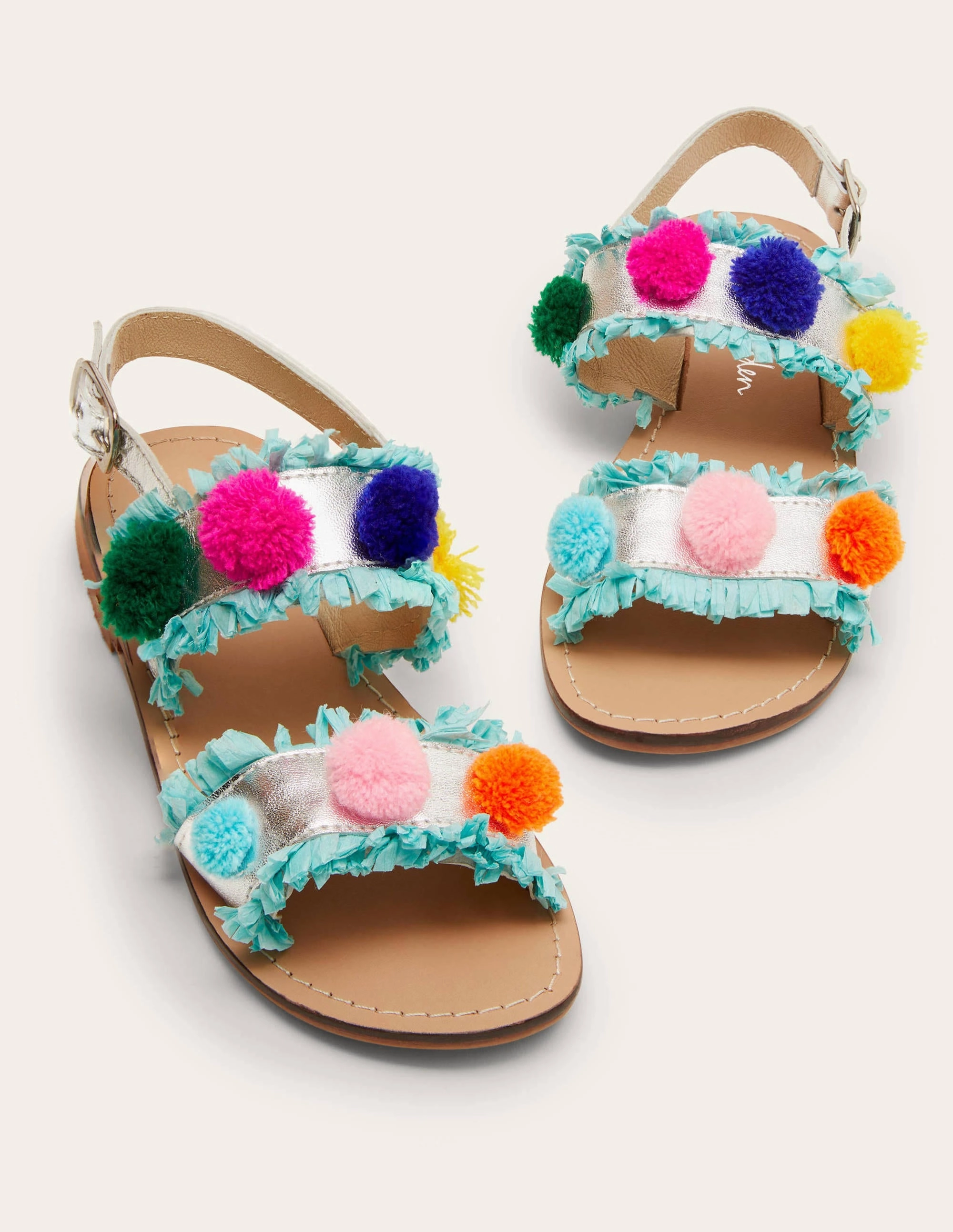 Pom Pom Sandals-Metallic Rainbow Poms