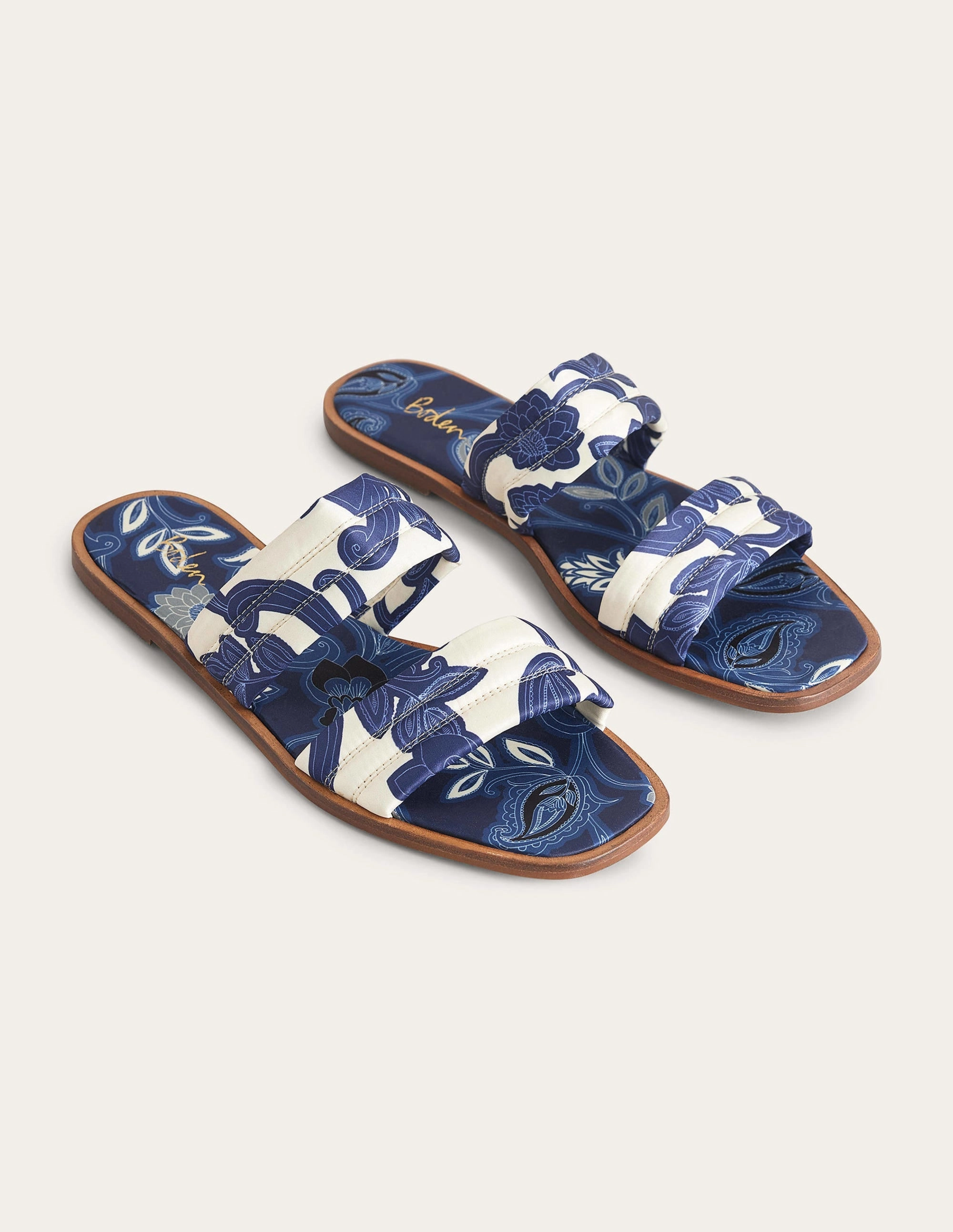 Printed Satin Slide Sandals-Blue Ribbon, Paisley Whirl