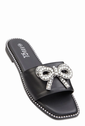 Rhinestone Faux Pearl Bow Band Slide Sandals