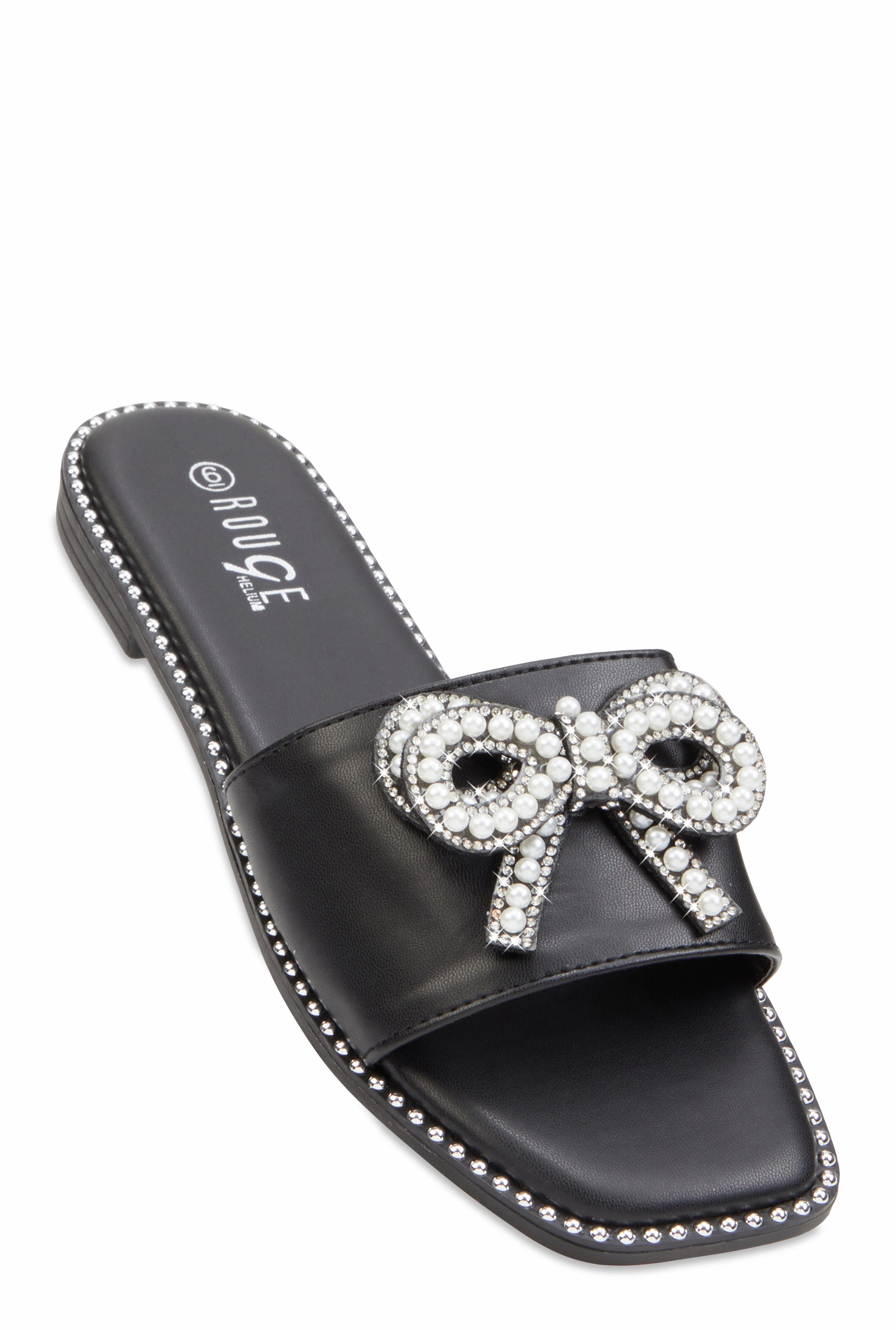 Rhinestone Faux Pearl Bow Band Slide Sandals