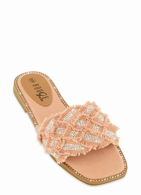 Rhinestone Frayed Braided Band Slide Sandals