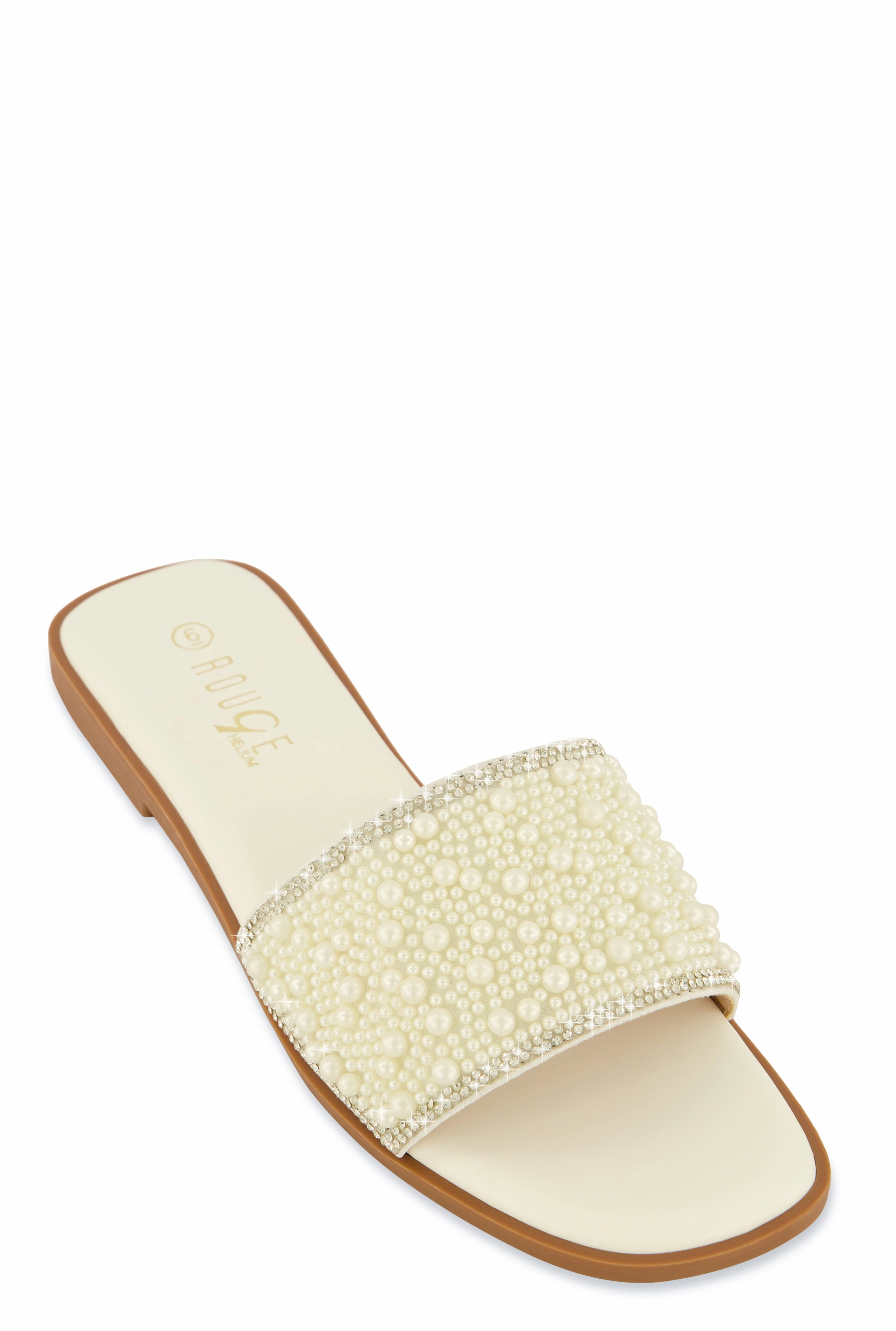 Rhinestone Trim Faux Pearl Band Slide Sandals