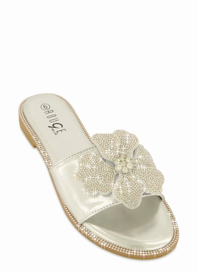 Rhinestone Trim Flower Detail Slide Sandals