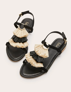 Sarah Fringe Flat Sandals-Black