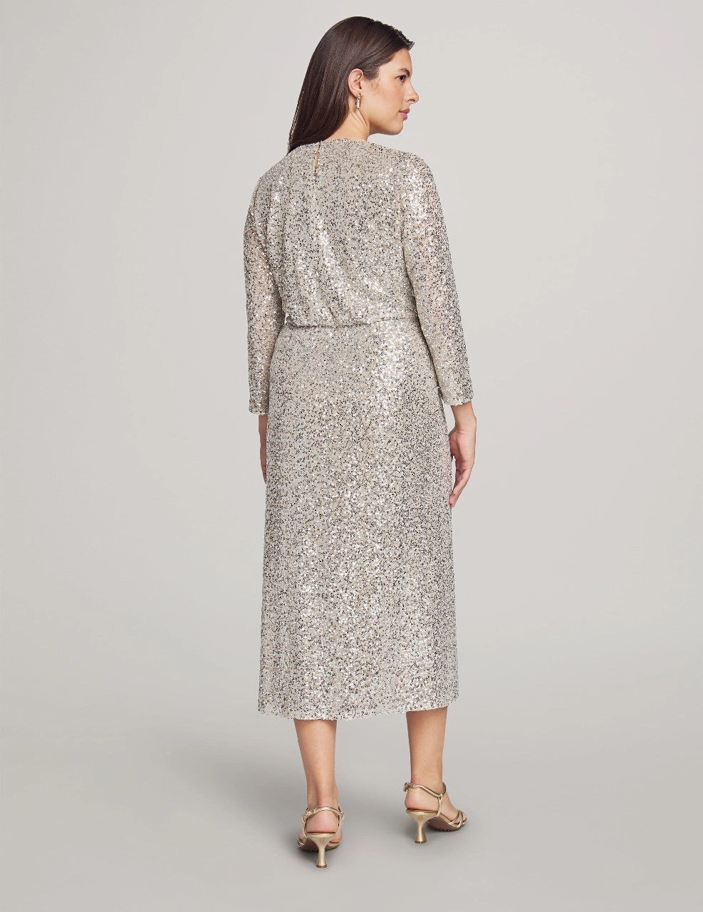 Sequin Long Sleeve Faux Wrap Midi Dress - Sale