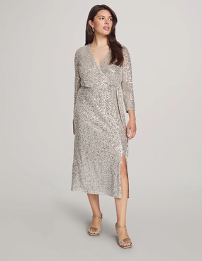 Sequin Long Sleeve Faux Wrap Midi Dress - Sale