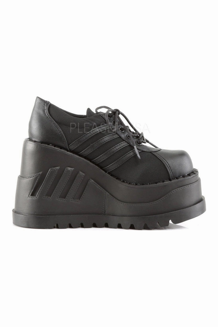STOMP-08 Demonia Wedge | Black Faux Leather