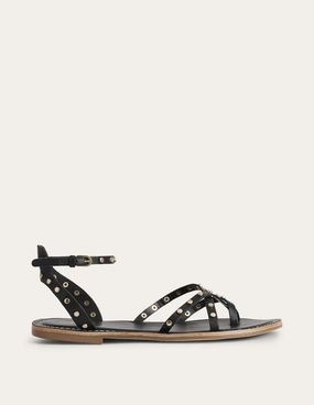 Studded Classic Flat Sandals-Black Leather