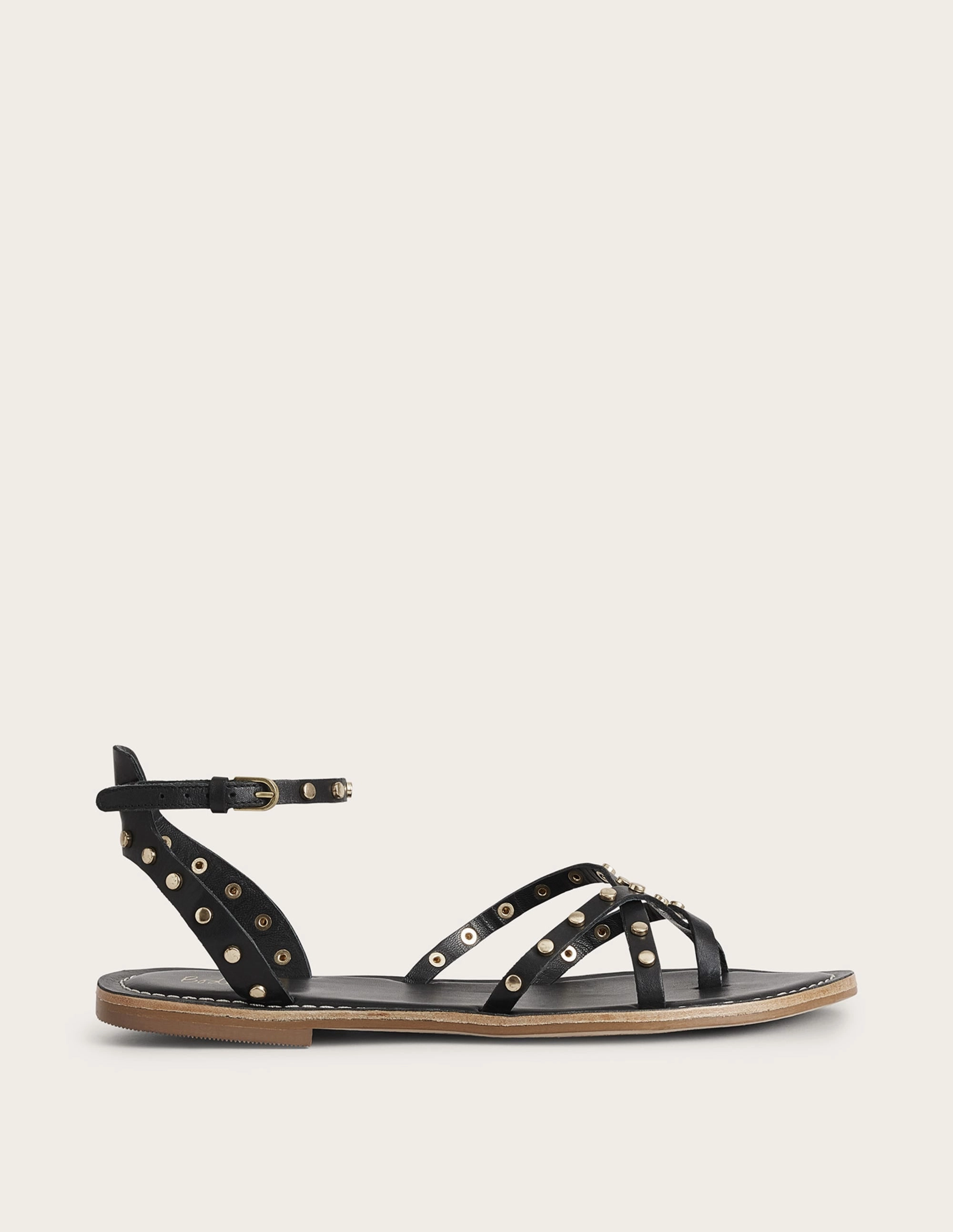 Studded Classic Flat Sandals-Black Leather