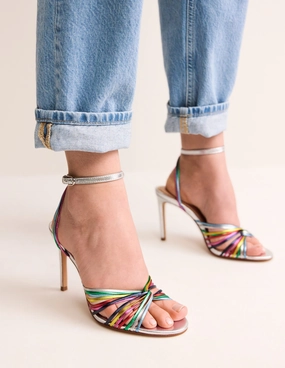 Twist Front Heeled Sandals-Multi Metallic Leather