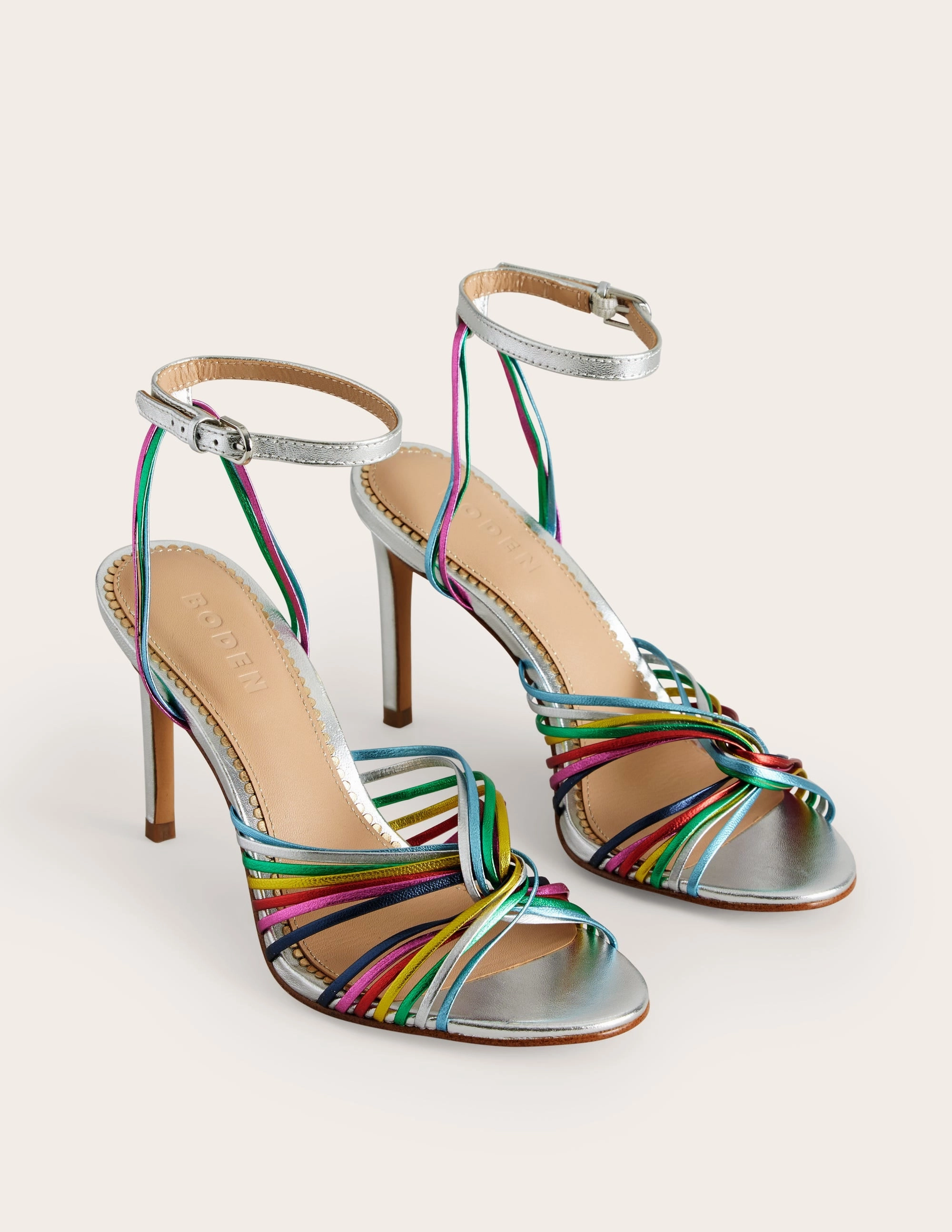 Twist Front Heeled Sandals-Multi Metallic Leather