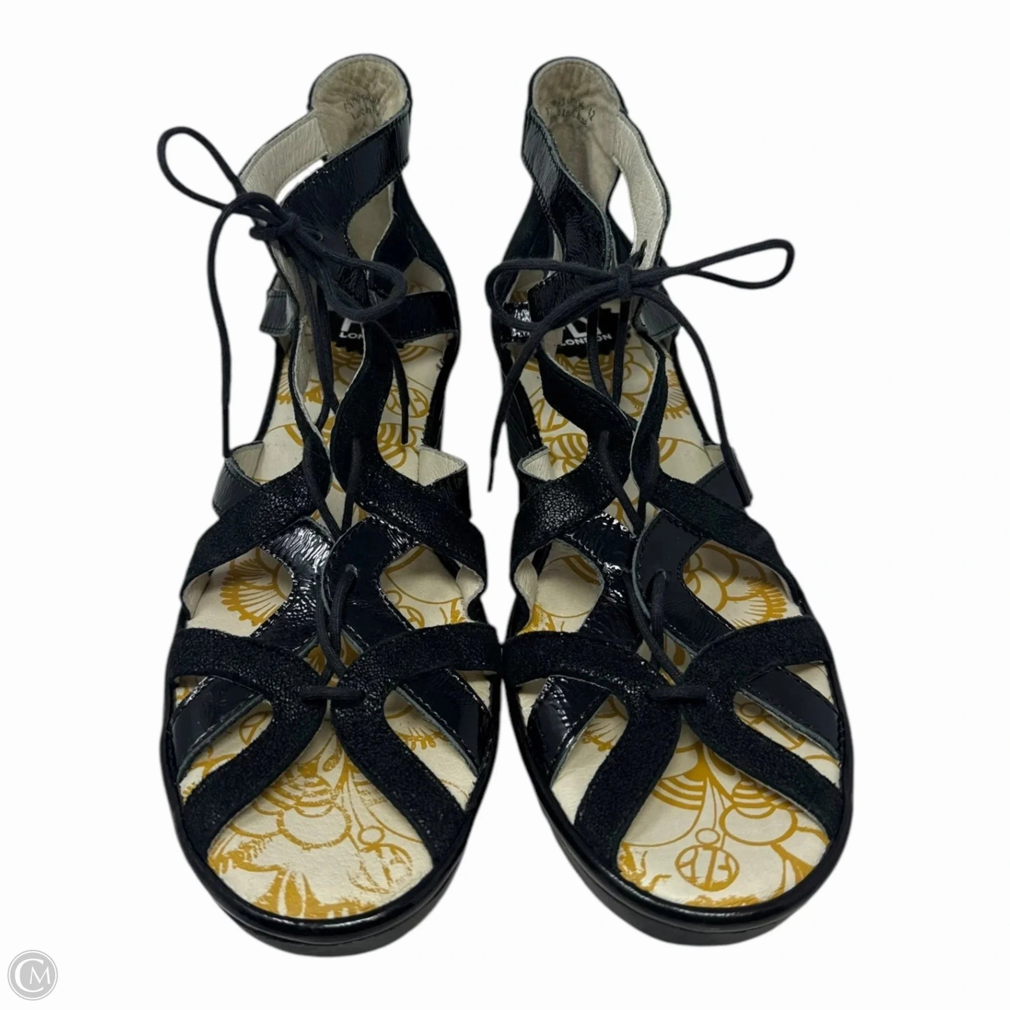 WANT959 Lace Sandals Heels Wedge By Fly London In Black, Size: 11.5