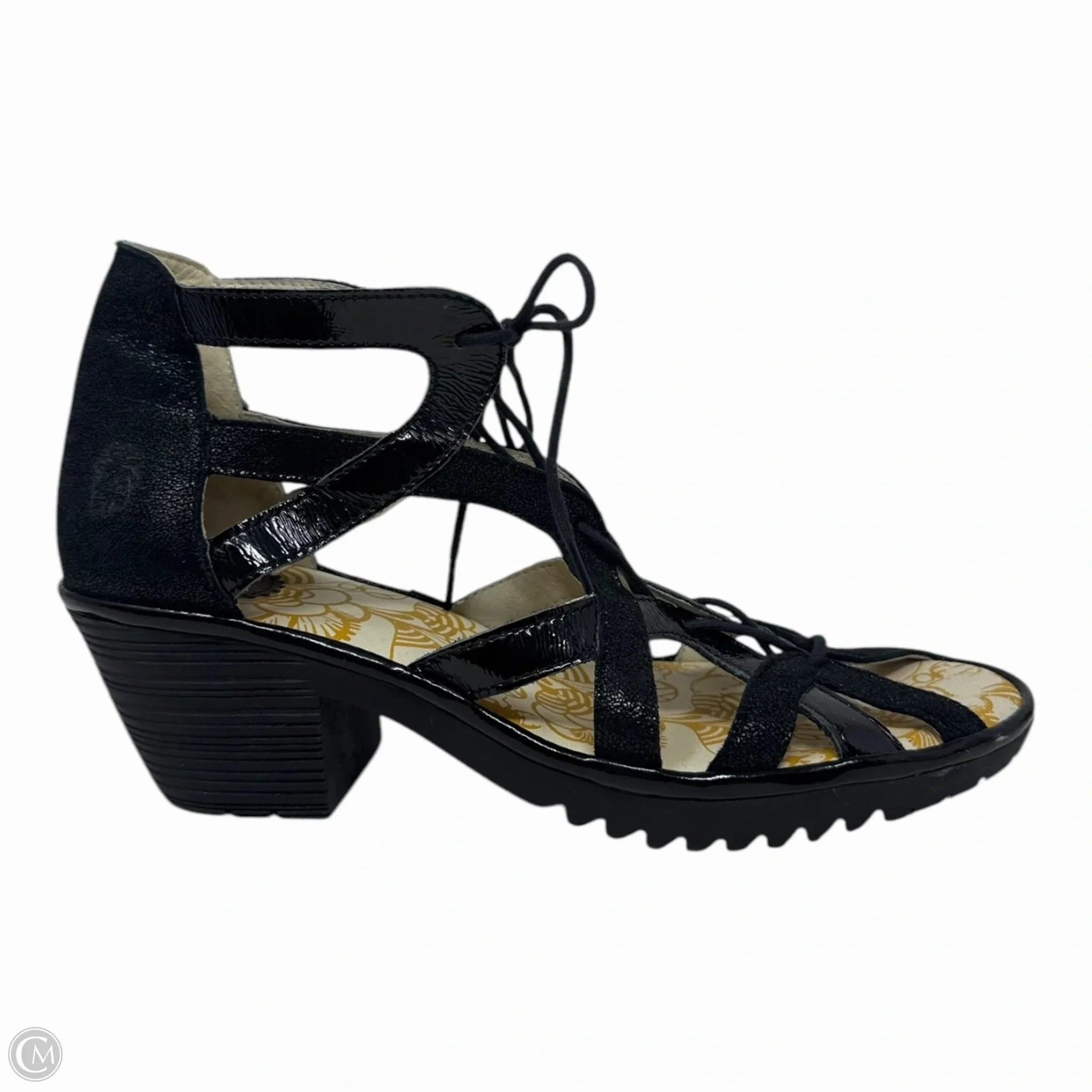 WANT959 Lace Sandals Heels Wedge By Fly London In Black, Size: 11.5