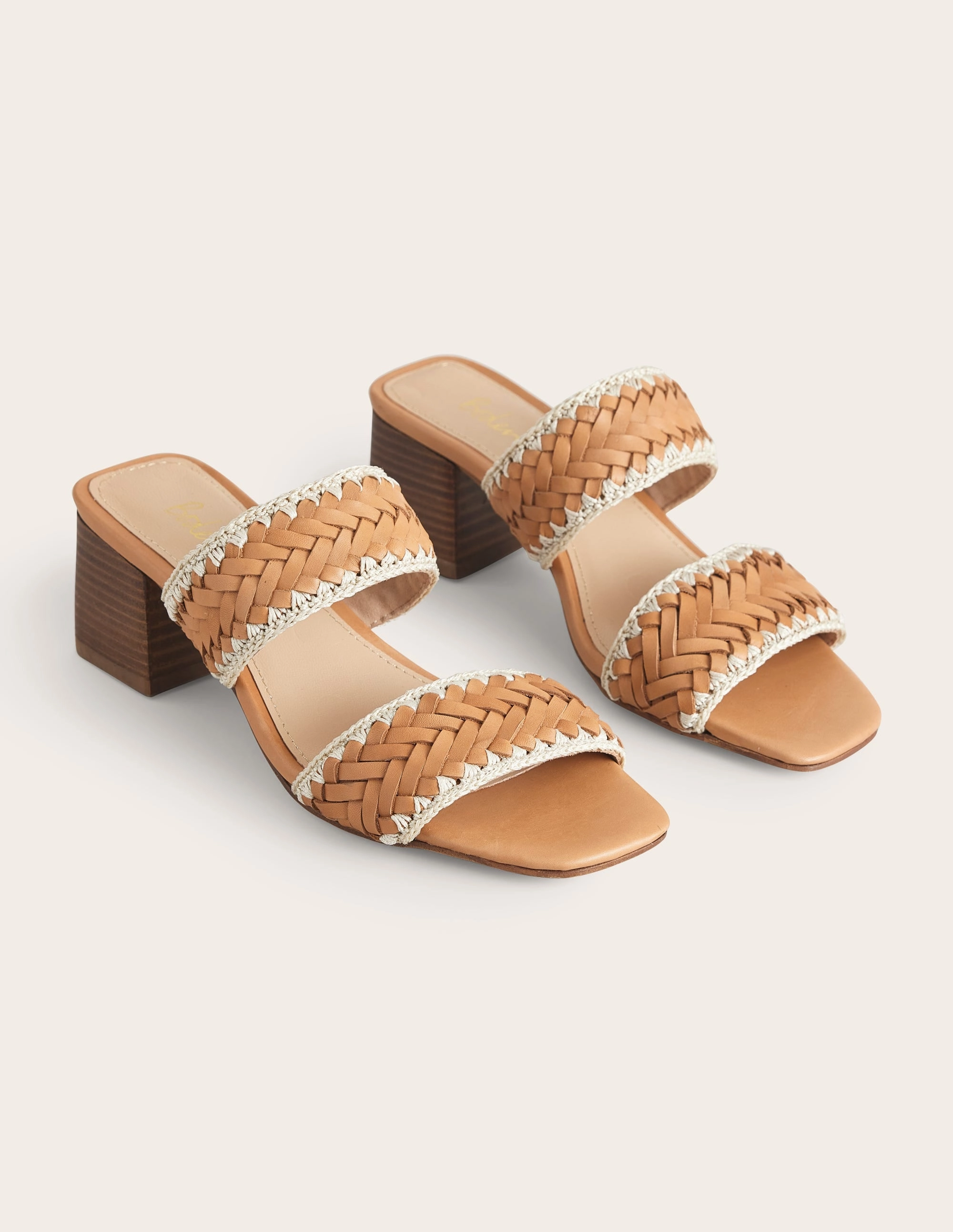 Woven Strap Heeled Sandals-Tan Woven Leather